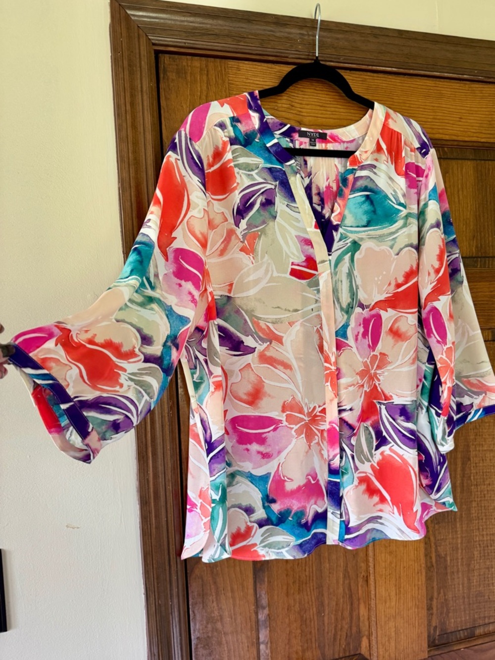 NYDJ Pintuck Floral Blouse with Pink, Coral & Teal Accents - Picture 4 of 13